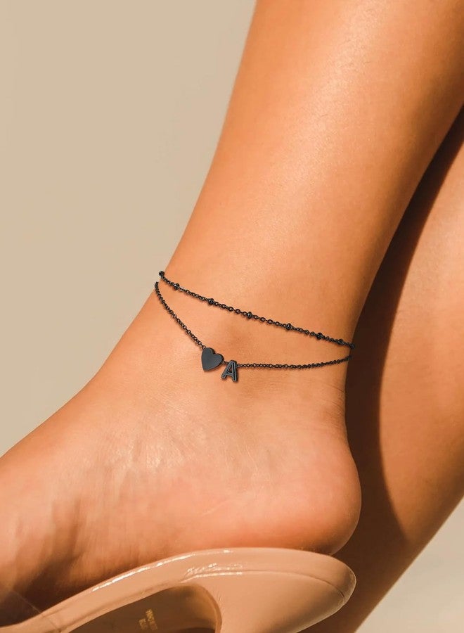 Suplight Stainless Steel Anklets Bracelets for Women Layered Dainty Foot Chain Initial Heart Anklet with Beaded Anklets for Women Beach Waterproof Letter R Black Ankle Bracelets (with Gift Box) - Image 2