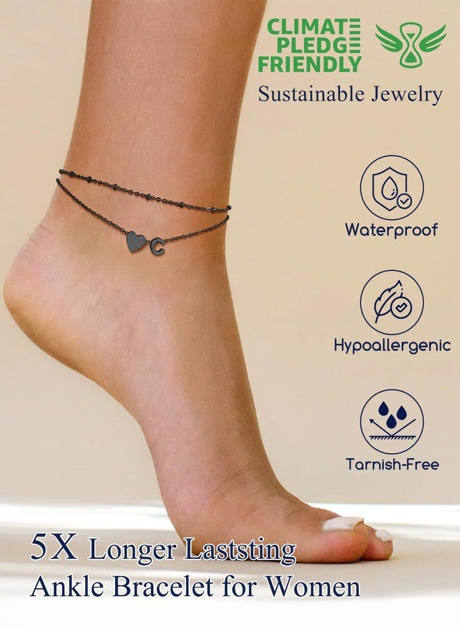 Suplight Stainless Steel Anklets Bracelets for Women Layered Dainty Foot Chain Initial Heart Anklet with Beaded Anklets for Women Beach Waterproof Letter R Black Ankle Bracelets (with Gift Box) - Image 4