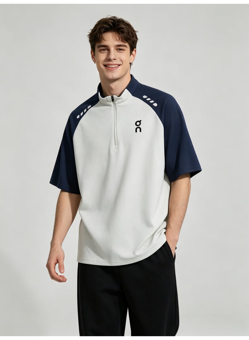 اون راننج On Running Men Half Zip Stand Collar Raglan Short Sleeve T-Shirt, White Navy Color Block Athletic Top with Logo Print - Image 3