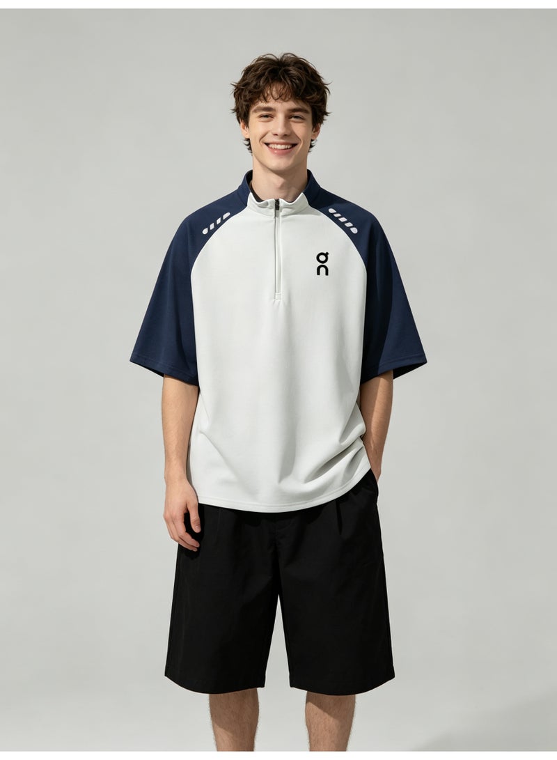 اون راننج On Running Men Half Zip Stand Collar Raglan Short Sleeve T-Shirt, White Navy Color Block Athletic Top with Logo Print - Image 5