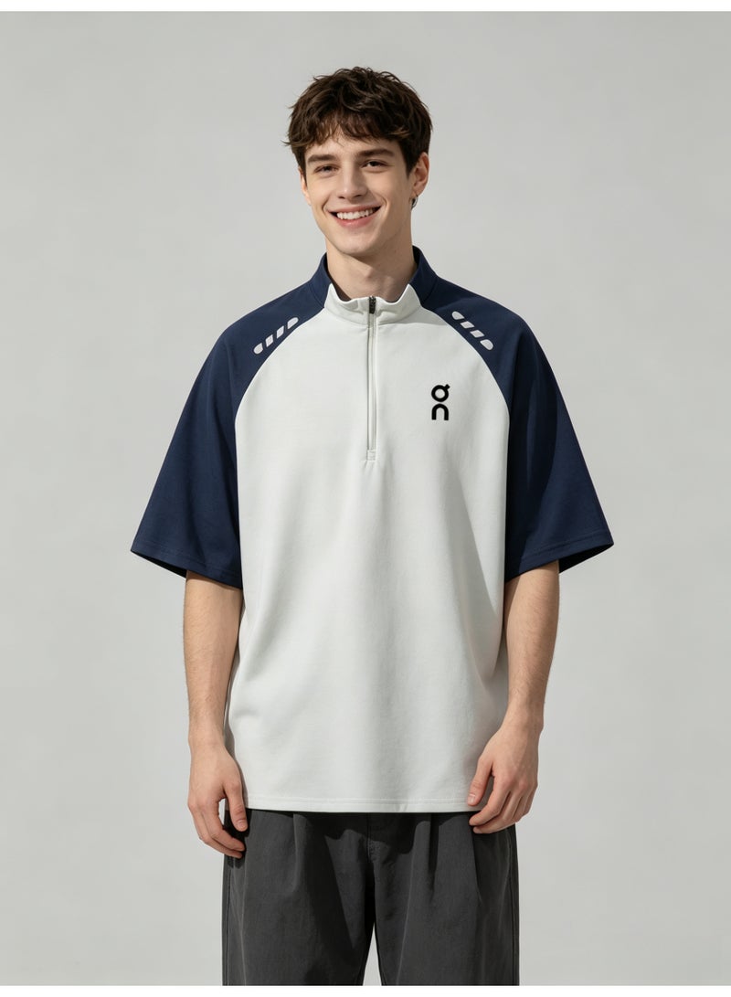 اون راننج On Running Men Half Zip Stand Collar Raglan Short Sleeve T-Shirt, White Navy Color Block Athletic Top with Logo Print - Image 2