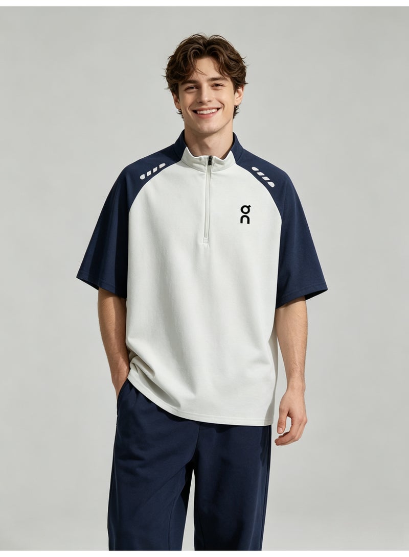 اون راننج On Running Men Half Zip Stand Collar Raglan Short Sleeve T-Shirt, White Navy Color Block Athletic Top with Logo Print - Image 4