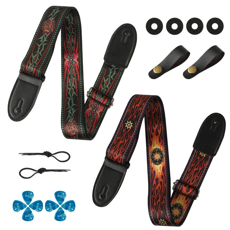 Cobahom 2 Pack Guitar Strap with Leather Ends, Adjustable Guitar Straps for Electric and Acoustic Guitars, Soft Guitar Straps with 8pcs Guitar Picks (Vintage) - Image 1