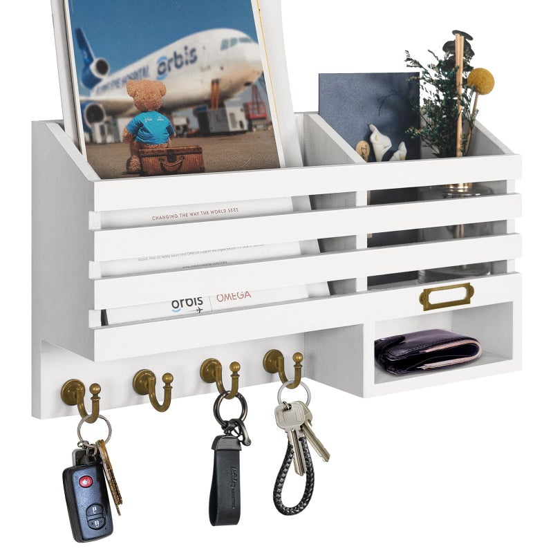 FifthQuarter FifthQuarter Key Holder for Wall Easy Mounted Key Rack and Mail Organizer with Store Shelf and Four Sturdy Keys Hooks Decor in KitchenFarmhouseEntrywayMudroom White 