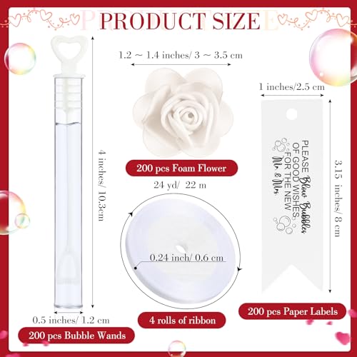 PullCrease 200 Set Wedding Bubble Wands Bulk Set Include Mini Heart Bubble Wand with Refill Flower Ribbon and Tags for Wedding Send Off Guests Anniversaries Party FavorWhite - Image 5