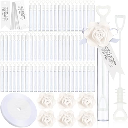 PullCrease 200 Set Wedding Bubble Wands Bulk Set Include Mini Heart Bubble Wand with Refill Flower Ribbon and Tags for Wedding Send Off Guests Anniversaries Party FavorWhite - Image 1
