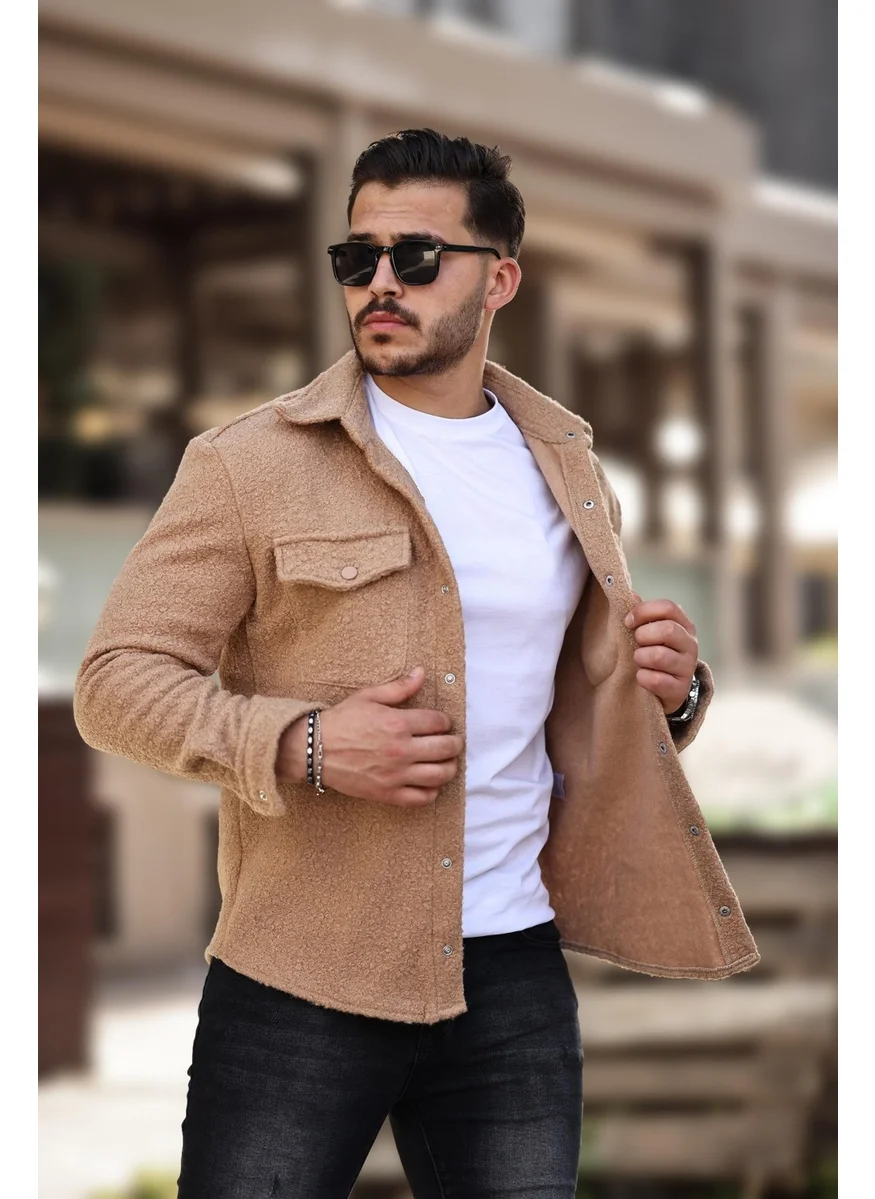 Miron Camel Curly Textured Fabric Shirt Collar Pocket Regular Fit Jacket - 2309