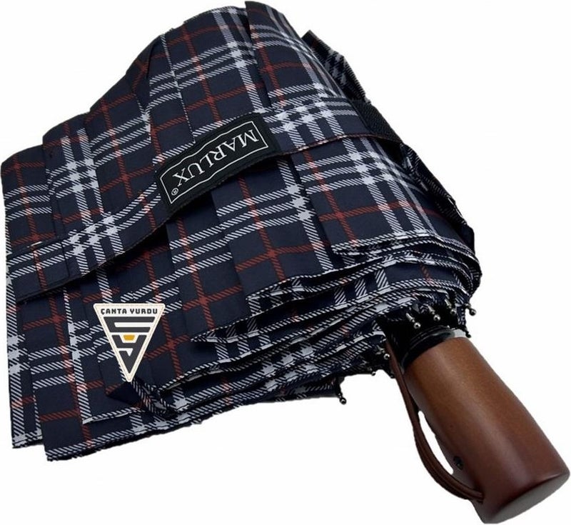 Çanta Yurdu Bag Yurdu Marlux Wooden Handle Fully Automatic Umbrella Plaid Navy Blue  - Image 1