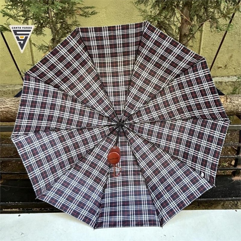 Çanta Yurdu Bag Yurdu Marlux Wooden Handle Fully Automatic Umbrella Plaid Navy Blue  - Image 5