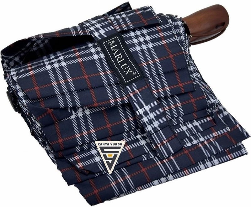 Çanta Yurdu Bag Yurdu Marlux Wooden Handle Fully Automatic Umbrella Plaid Navy Blue  - Image 2