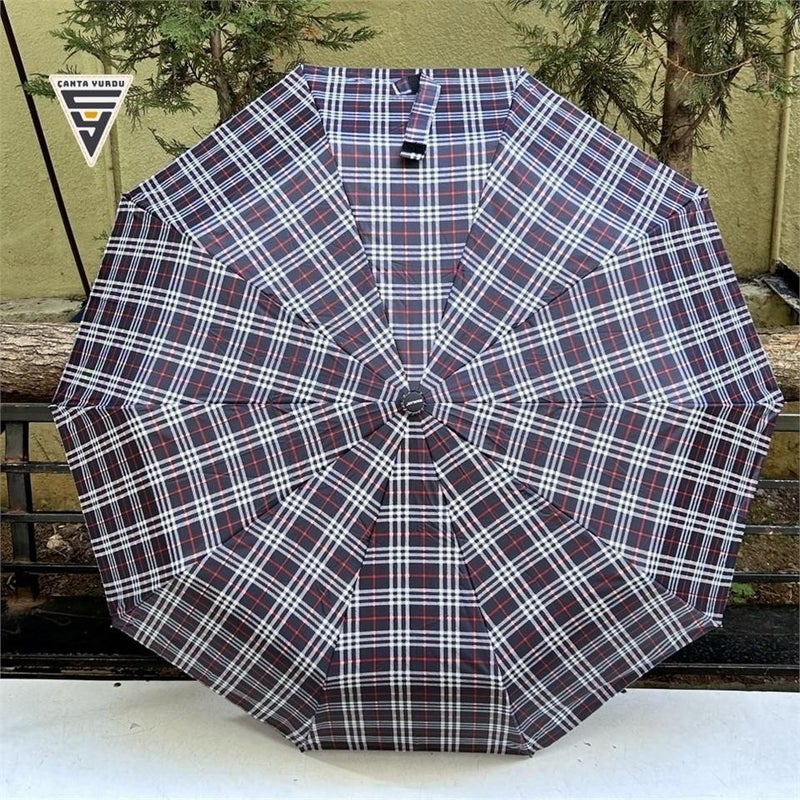 Çanta Yurdu Bag Yurdu Marlux Wooden Handle Fully Automatic Umbrella Plaid Navy Blue  - Image 4
