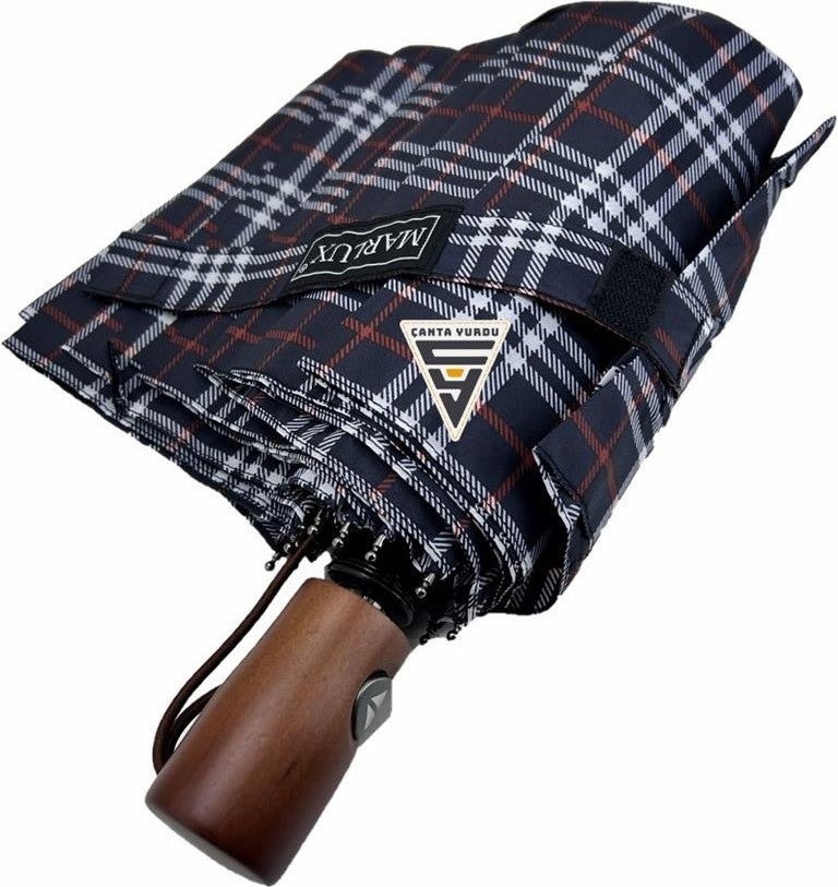 Çanta Yurdu Bag Yurdu Marlux Wooden Handle Fully Automatic Umbrella Plaid Navy Blue  - Image 3