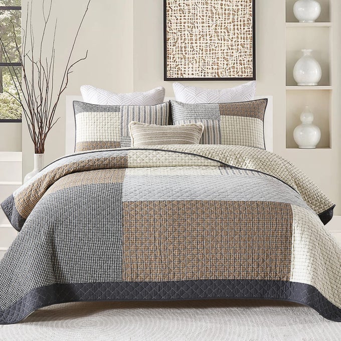 QUILTS KING SIZE KING QUILT BEDSPREAD SETS 100 COTTON PATCHWORK QUILT BEDDING SET FOR KING BED 3 PIECES PLAID FARMHOUSE REVERSIBLE RUSTIC LIGHTWEIGHT COMFORTER SPREAD BROWNBEIGEGRAY