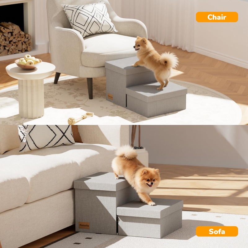 Fecuria 2-Step Wide Dog Stairs with Storage 11" H, Non-Slip Sturdy Pet Steps for Couch Chair, Dog Steps for Small/Medium Old Dogs, Cats, Rabbits Up to 150lbs, Foldable Cat Puppy Stairs for Car, Grey - Image 3