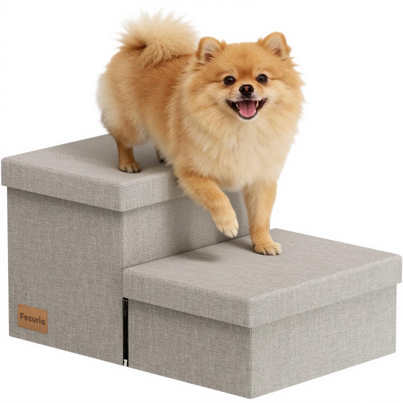 Fecuria 2-Step Wide Dog Stairs with Storage 11" H, Non-Slip Sturdy Pet Steps for Couch Chair, Dog Steps for Small/Medium Old Dogs, Cats, Rabbits Up to 150lbs, Foldable Cat Puppy Stairs for Car, Grey - Image 1