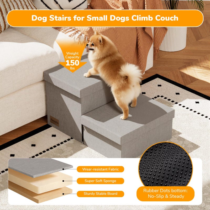Fecuria 2-Step Wide Dog Stairs with Storage 11" H, Non-Slip Sturdy Pet Steps for Couch Chair, Dog Steps for Small/Medium Old Dogs, Cats, Rabbits Up to 150lbs, Foldable Cat Puppy Stairs for Car, Grey - Image 5