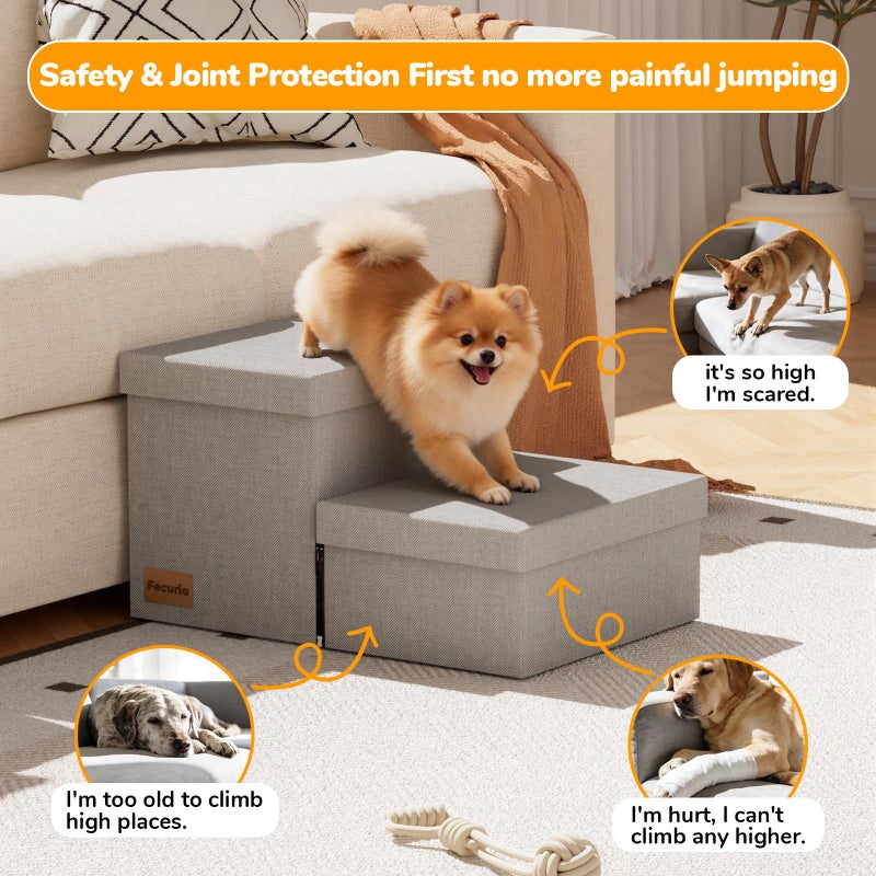 Fecuria 2-Step Wide Dog Stairs with Storage 11" H, Non-Slip Sturdy Pet Steps for Couch Chair, Dog Steps for Small/Medium Old Dogs, Cats, Rabbits Up to 150lbs, Foldable Cat Puppy Stairs for Car, Grey - Image 2