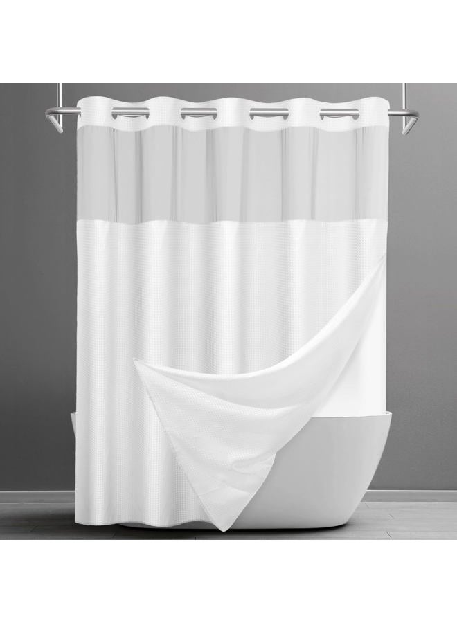 SORTTO No Hook Shower Curtain with Snap in Liner Set Waffle Shower Curtain for Bathroom Hotel Style Fabric Waterproof Inner Liner，71" W x 74" H, White - Image 1