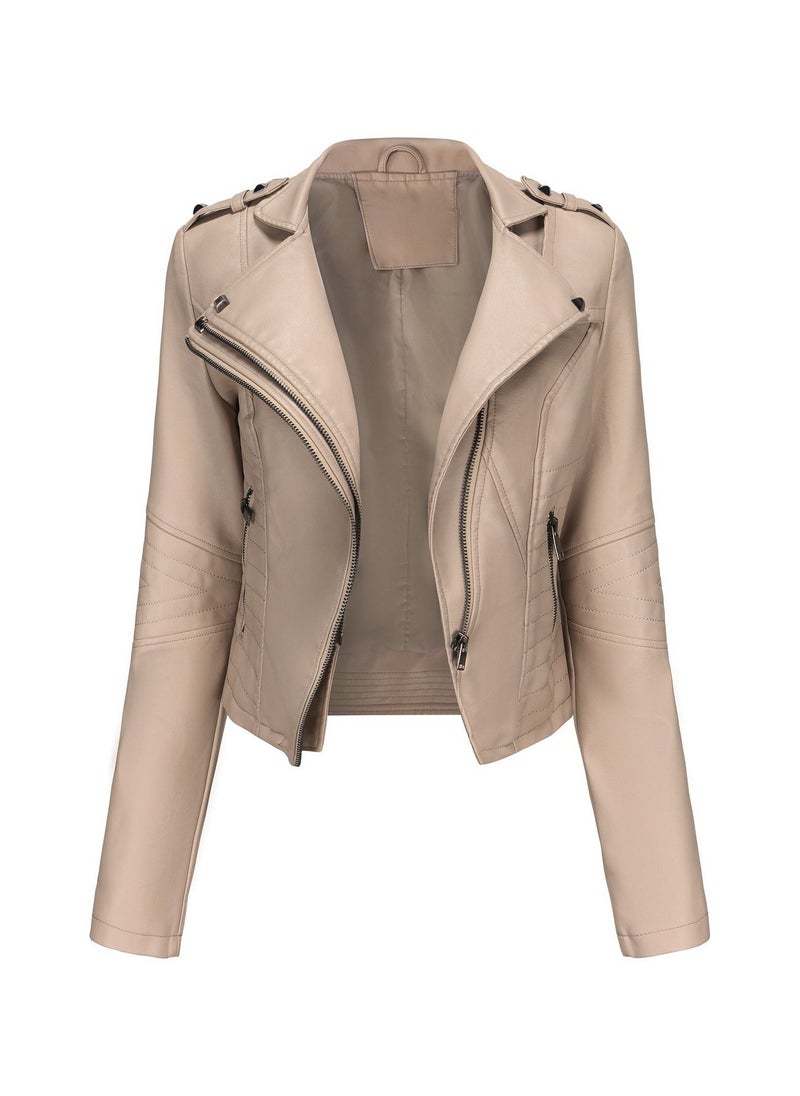 Women's New Popular Short Fit Coat Zipper Leather Jacket Beige - pzsku/ZE8D4A64FECFDEE30353FZ/45/_/1691896026/9eb08d63-4f3e-4a83-85dd-00576810adf2