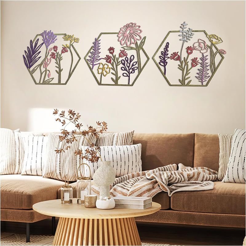 HASTHIP® 3 Pieces Metal Flowers Wall Art Rustic Farmhouse Decor Beige Minimalist Flower Wall Decors for Living room Bathroom Bedroom Dining Room-Housewarming Gifts - Image 5
