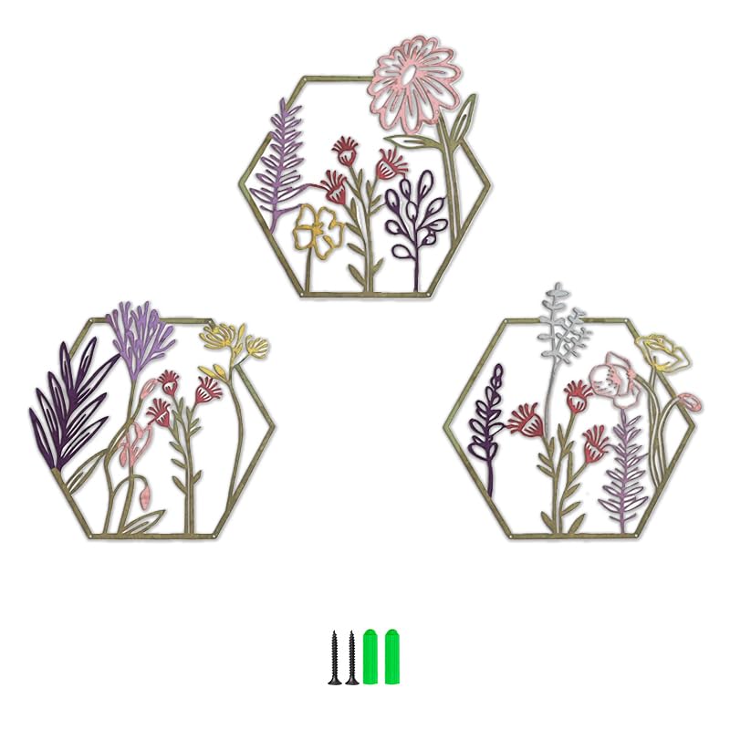 HASTHIP® 3 Pieces Metal Flowers Wall Art Rustic Farmhouse Decor Beige Minimalist Flower Wall Decors for Living room Bathroom Bedroom Dining Room-Housewarming Gifts - Image 1