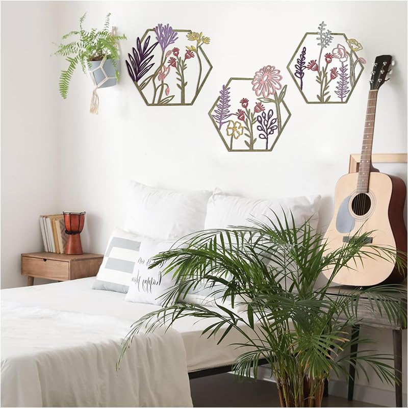 HASTHIP® 3 Pieces Metal Flowers Wall Art Rustic Farmhouse Decor Beige Minimalist Flower Wall Decors for Living room Bathroom Bedroom Dining Room-Housewarming Gifts - Image 4