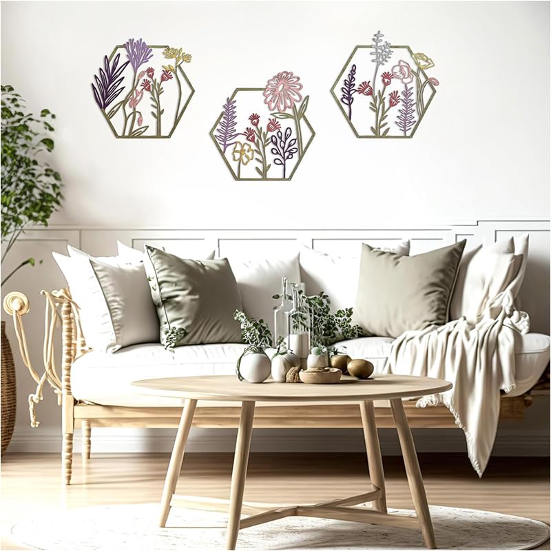 HASTHIP® 3 Pieces Metal Flowers Wall Art Rustic Farmhouse Decor Beige Minimalist Flower Wall Decors for Living room Bathroom Bedroom Dining Room-Housewarming Gifts - Image 2