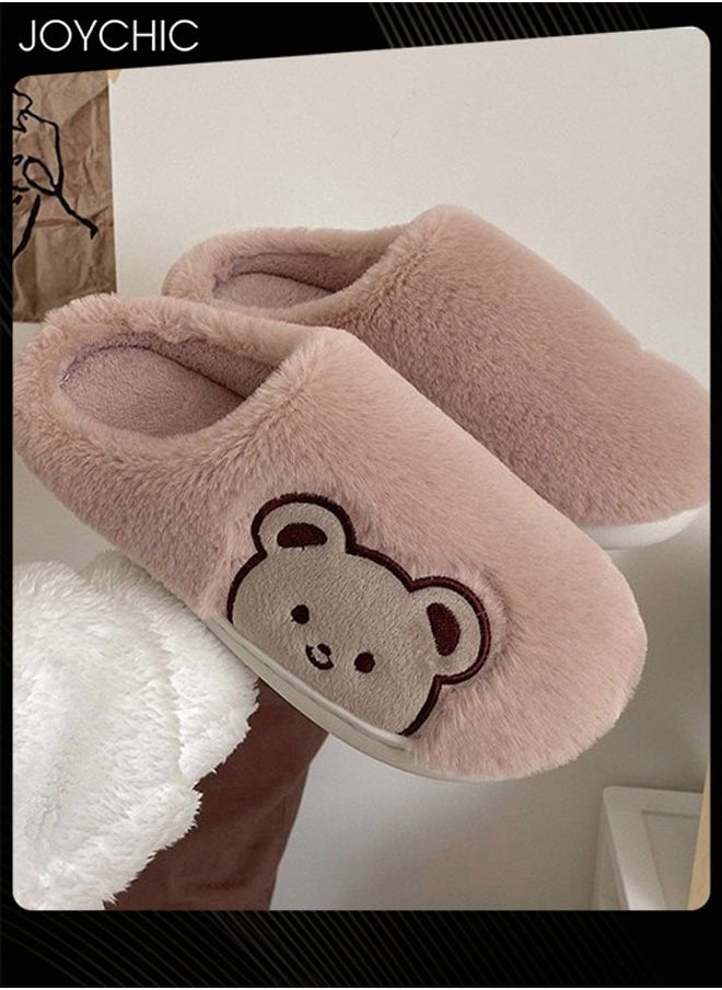 Joychic - Lovely Bear Design Female Cotton Slippers  Autumn And Winter Home Indoor Non-Slip Thick Comfot Soft Bottom Warm Bedroom Slippers for Women Pink - Image 1