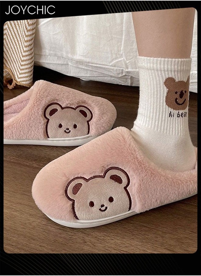 Joychic - Lovely Bear Design Female Cotton Slippers  Autumn And Winter Home Indoor Non-Slip Thick Comfot Soft Bottom Warm Bedroom Slippers for Women Pink - Image 1