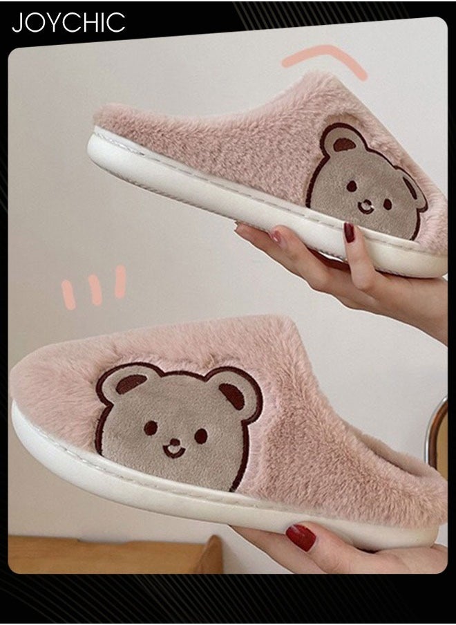 Joychic - Lovely Bear Design Female Cotton Slippers  Autumn And Winter Home Indoor Non-Slip Thick Comfot Soft Bottom Warm Bedroom Slippers for Women Pink - Image 1