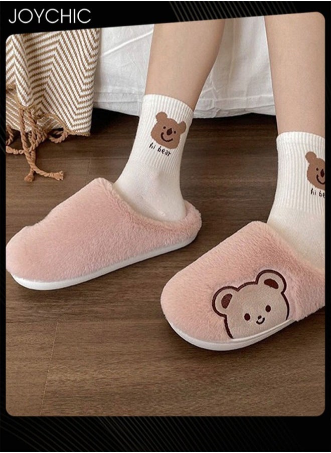 Joychic - Lovely Bear Design Female Cotton Slippers  Autumn And Winter Home Indoor Non-Slip Thick Comfot Soft Bottom Warm Bedroom Slippers for Women Pink - Image 1