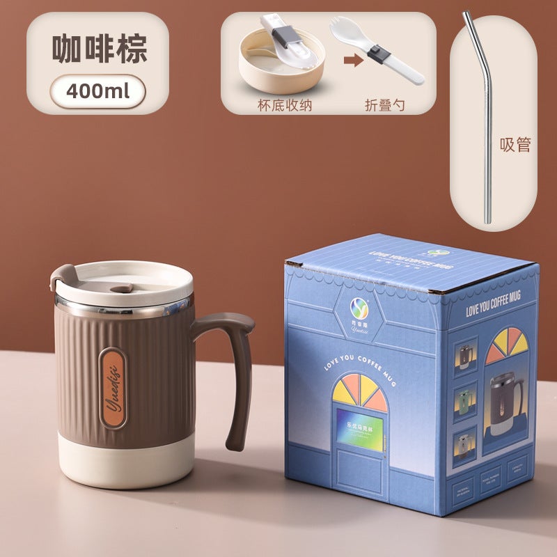 Versatile Cute Duck Ramen Bowl 304 Stainless Steel Lunch Box Gift Khaki (with straws) 