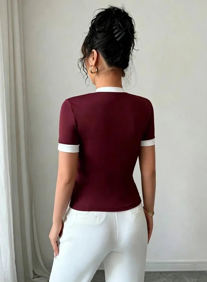 Take Two Burgundy Short Sleeve Top with Bow Detail
