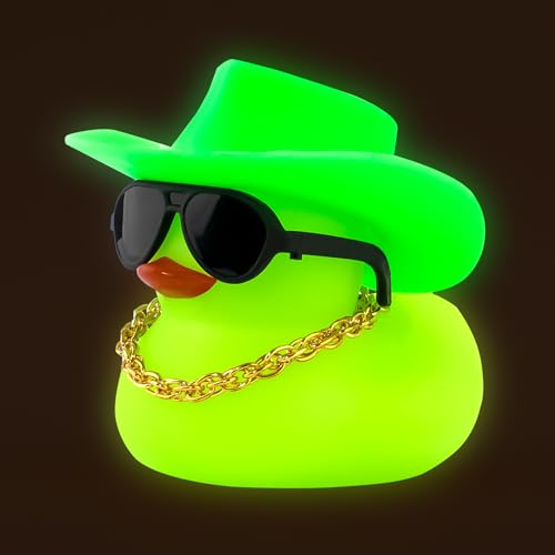 wonuu Noctilucous Rubber Duck Green Glowing Rubber Ducks with Sunglasses Necklace Cowboy Hat No Electricity Black Sunglasses - Image 1