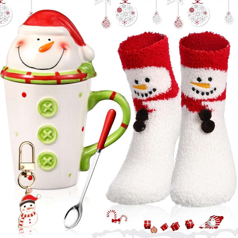 Sliner Sliner 4 Pcs Christmas Snowman Gifts Set Include Ceramic Christmas Coffee Mugs with Lid Red Spoon Mini Xmas Keychain Cute Winter Fuzzy Socks Thank You Birthday Christmas Gifts for Women Men - Image 1
