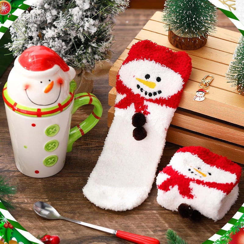 Sliner Sliner 4 Pcs Christmas Snowman Gifts Set Include Ceramic Christmas Coffee Mugs with Lid Red Spoon Mini Xmas Keychain Cute Winter Fuzzy Socks Thank You Birthday Christmas Gifts for Women Men - Image 2