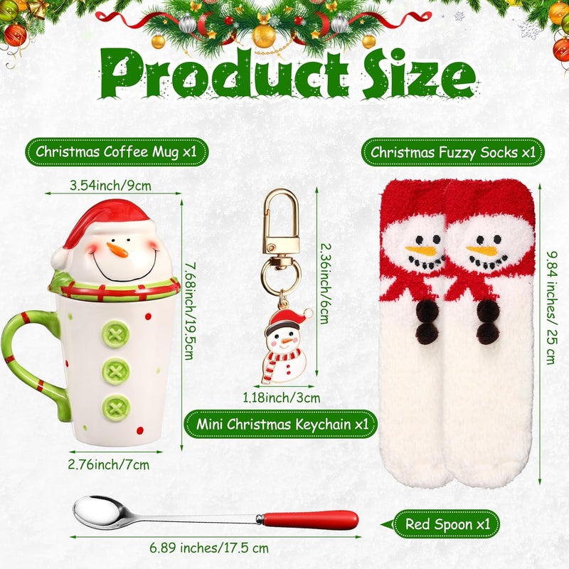 Sliner Sliner 4 Pcs Christmas Snowman Gifts Set Include Ceramic Christmas Coffee Mugs with Lid Red Spoon Mini Xmas Keychain Cute Winter Fuzzy Socks Thank You Birthday Christmas Gifts for Women Men - Image 3