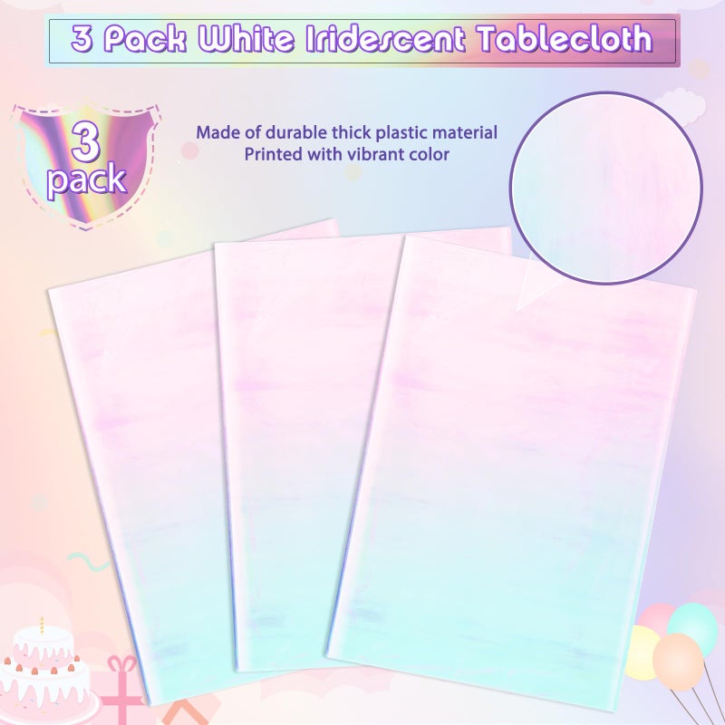 FunnyPars 3 Pack Iridescent White Plastic Tablecloth, Shiny White Disposable Laser Rectangle Table Covers, Holographic Foil Tablecloth Party Decorations for Birthday Bridal Wedding Banquet, 40 x 108 Inch - Image 4