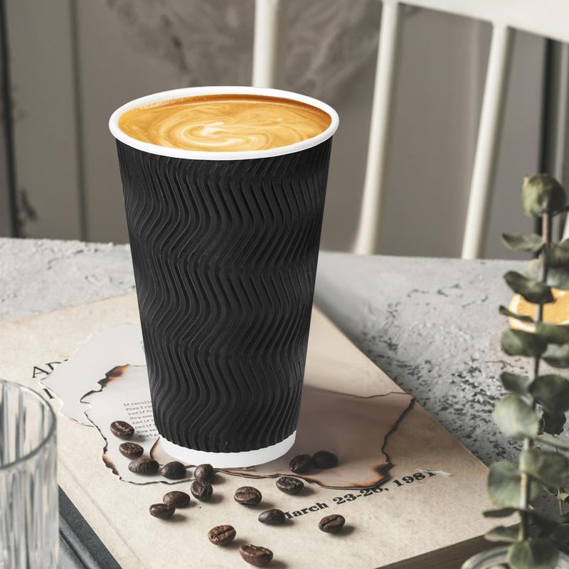 BYSNOW 100 Pack 16 oz Coffee Cups with Lids, Disposable Insulated Hot Cups To Go Paper Coffee Cups, Corrugated Ripple Wall Cup for Hot Drink, Office, Coffee Bar (Black 16 oz) - Image 4