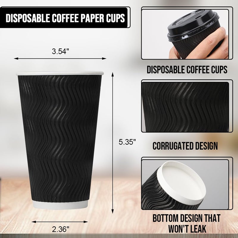 BYSNOW 100 Pack 16 oz Coffee Cups with Lids, Disposable Insulated Hot Cups To Go Paper Coffee Cups, Corrugated Ripple Wall Cup for Hot Drink, Office, Coffee Bar (Black 16 oz) - Image 2