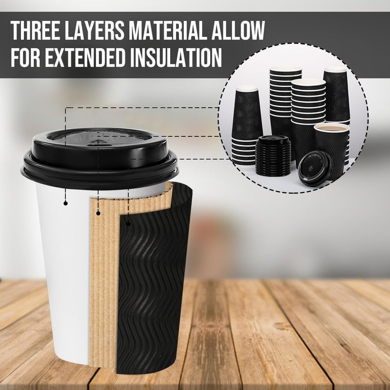 BYSNOW 100 Pack 16 oz Coffee Cups with Lids, Disposable Insulated Hot Cups To Go Paper Coffee Cups, Corrugated Ripple Wall Cup for Hot Drink, Office, Coffee Bar (Black 16 oz) - Image 3