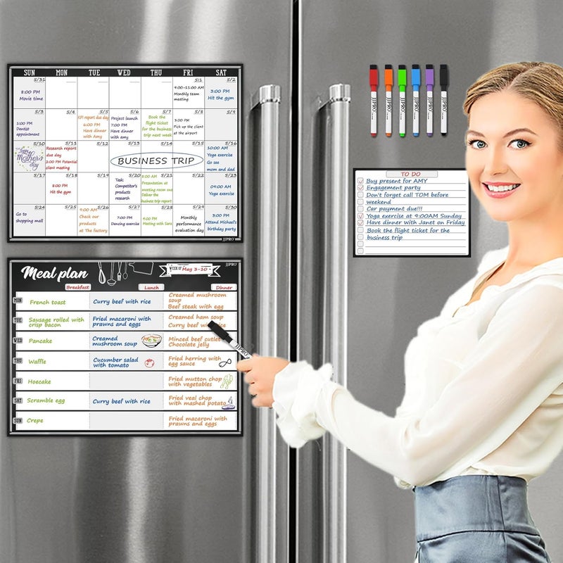 JJPRO Magnetic Monthly Calendar and Meal Planning Board Set for Fridge-Dry Erase Monthly Calendar for Refrigerator, Menu Whiteboard -Bonus to-do Notepad - Image 1