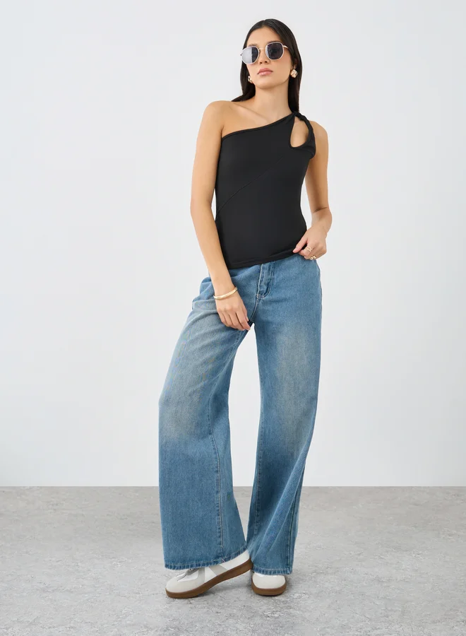 ستايلي Styli Black Fitted One Shoulder Neck Knit Top