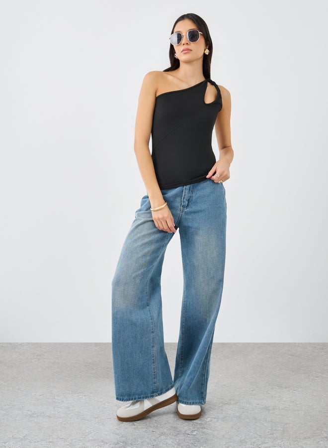 Styli Black Fitted One Shoulder Neck Knit Top - Image 2