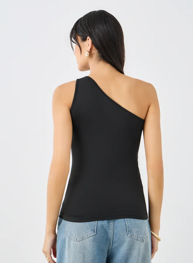 Styli Styli Black Fitted One Shoulder Neck Knit Top