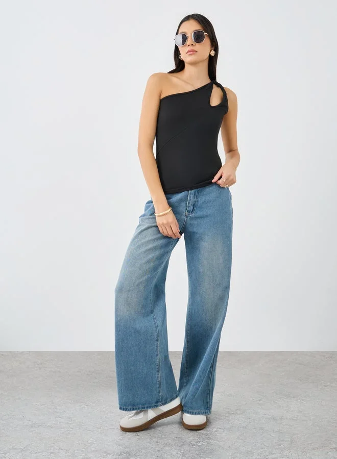 Styli Styli Black Fitted One Shoulder Neck Knit Top
