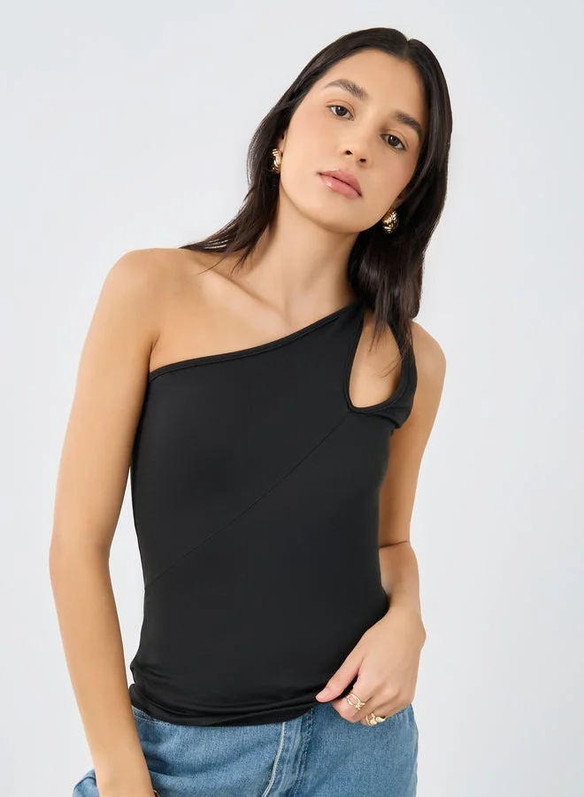 Styli Styli Black Fitted One Shoulder Neck Knit Top