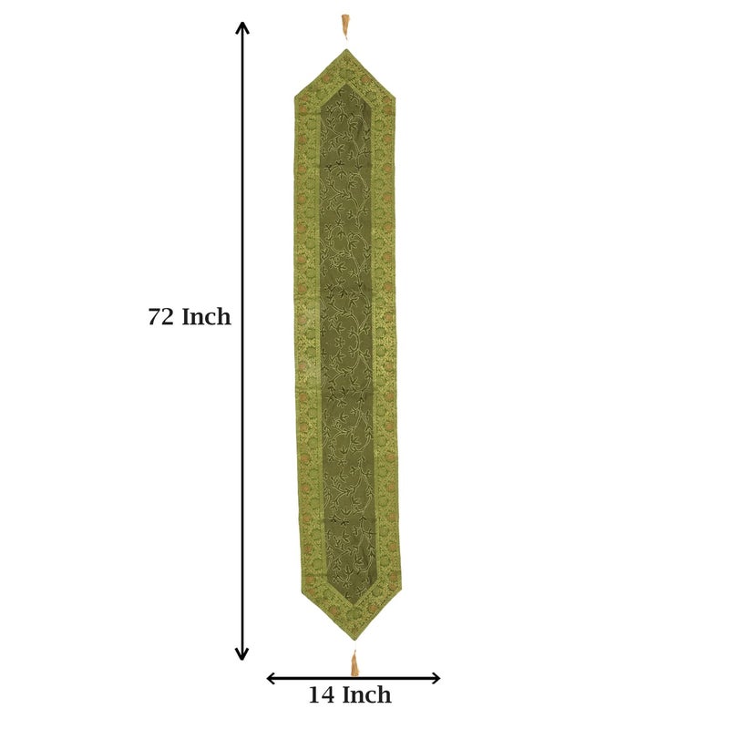E - Ezra EEZRA Ari Zari Embroidered Table Runner Banarasi Indian Satin Decorative 6 Feet Runner Up with Tassels Dining Tablecloth Overlay 14x72 - Image 2