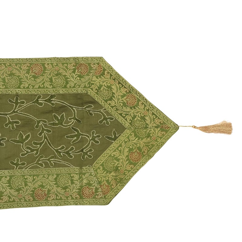 E - Ezra EEZRA Ari Zari Embroidered Table Runner Banarasi Indian Satin Decorative 6 Feet Runner Up with Tassels Dining Tablecloth Overlay 14x72 - Image 4