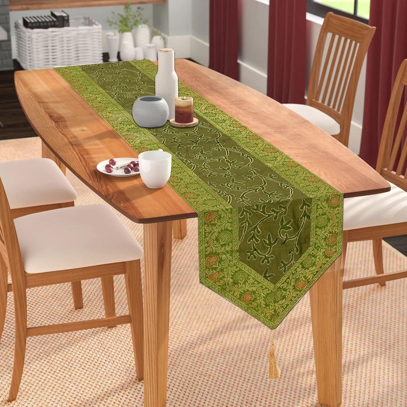E - Ezra EEZRA Ari Zari Embroidered Table Runner Banarasi Indian Satin Decorative 6 Feet Runner Up with Tassels Dining Tablecloth Overlay 14x72 - Image 1